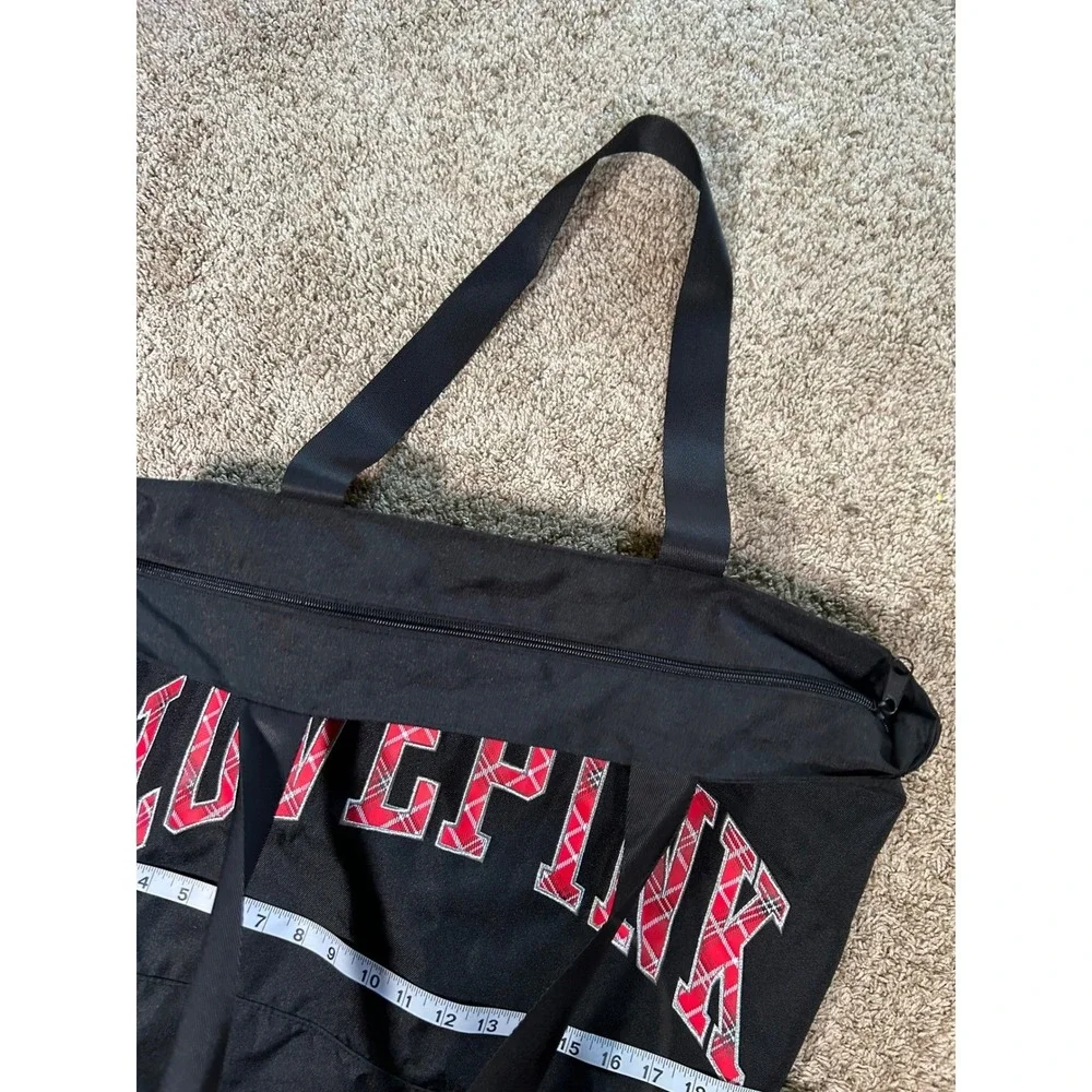 Victorias Secret PINK Black‎ Canvas Tote Bag Red Plaid Logo Zipper Large Gym Bag
